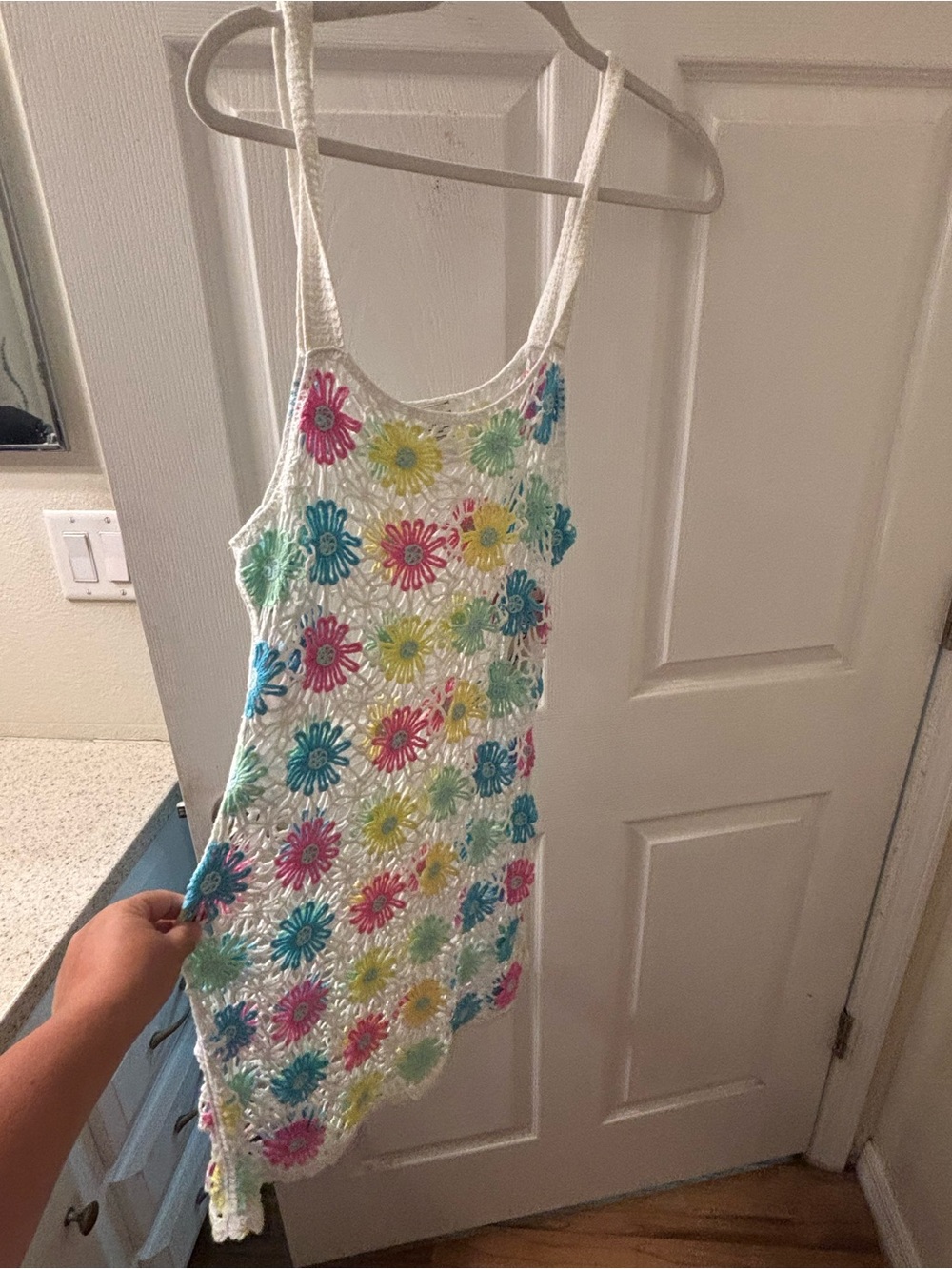 White Crochet Daisy Slip Dress with Multicolor Flowers